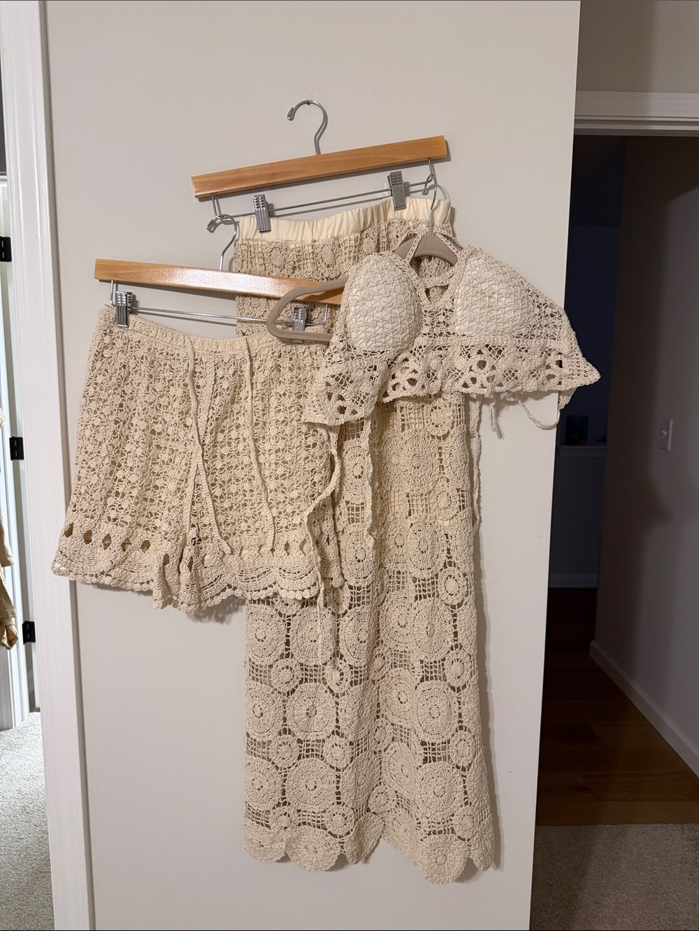 Beige Crochet Three Piece Set - Bra Top, Skirt & Shorts